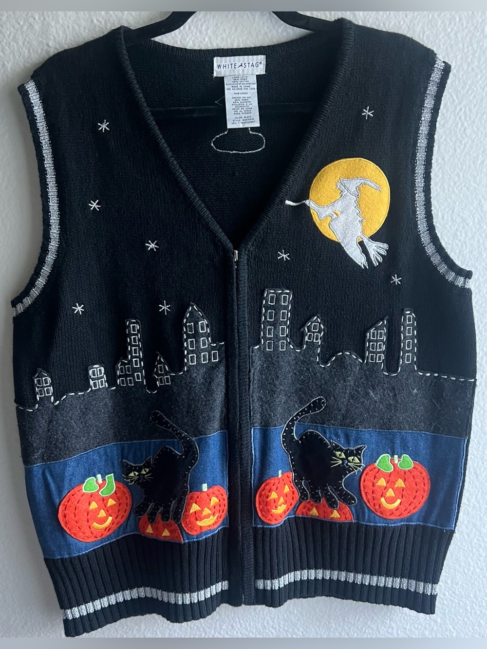 White Stag Halloween Sweater Vest Large Black Cat Witch Pumpkin Zip Front